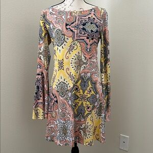 Paisley Print Long Fluted Sleeves Dress